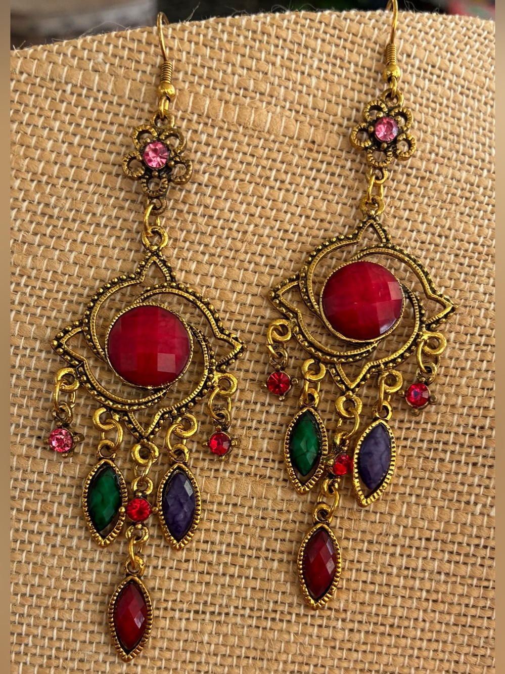 Ornate Red Green Purple Chandelier Statement Earrings - Picture 4 of 5